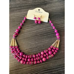 6/$25 NWT EsMor Magenta Pink Beaded Necklace and Earring Set